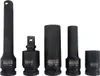 A set of black metal socket extensions and adapters is displayed against a white background. Produktbild-Vorschau