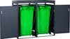 A dark grey metal bin enclosure with two green trash cans inside, shown with the doors open. Produktbild-Vorschau