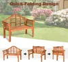 A wooden garden bench is shown in a garden setting, with smaller images below demonstrating its folding mechanism. Podgląd zdjęcia produktu