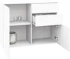A white matte sideboard with two doors and a drawer, displaying decorative items on its shelves. Produktbild-Vorschau