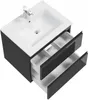 A black bathroom vanity cabinet with two drawers pulled out, showing the interior compartments. A white sink and a chrome faucet are mounted on top. Produktbild-Vorschau