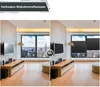 A split image showing a living room with a TV and window. The left side shows glare on the TV screen, while the right side shows the glare reduced by blinds. Produktbild-Vorschau