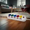 A power strip with multiple outlets and individual switches is placed on a wooden floor in a living room setting. Produktbild-Vorschau