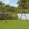 A swing set with four swings is set up on a green lawn in front of a white picket fence and trees. Anteprima dell’immagine prodotto