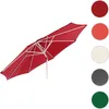 A red umbrella canopy with white ribs, shown at an angle against a white background. To the right are five color swatches: red, orange, cream, gray, and green. Produktbild-Vorschau