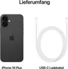 Image shows an iPhone 16 Plus and a USB-C charging cable, with German text indicating 'Lieferumfang' (scope of delivery). Náhled obrázku produktu