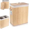 A collage of images showing a bamboo laundry basket and its lid, and a smaller bamboo organizer. Náhled obrázku produktu