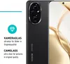 A close-up marketing image of a smartphone with its camera module prominently displayed, alongside descriptive text and icons. Produktbild-Vorschau