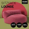 A red beanbag chair is shown in front of a red circle on a green background. Text overlays provide product details. Voir les images du produit