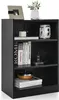 A black three-shelf bookcase filled with decorative items and books. Náhled obrázku produktu