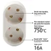 A white electrical adapter with text overlays describing its features. Produktbild-Vorschau