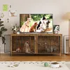 A living room scene featuring a dog crate furniture piece with dogs inside, a television displaying dogs, and decorative items. Náhľad obrázku produktu
