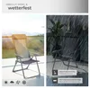 A collage showing a folding garden chair in two different settings: one in sunlight on a balcony with a scenic view, and another in the rain. Text overlays describe the chair's features. Náhled obrázku produktu