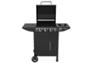A black gas grill with its lid open, shown from the front on a white background. Produktbild-Vorschau