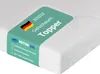 A close-up of a white mattress topper with a teal band wrapped around it, featuring product information and branding. Produktbild-Vorschau
