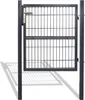 A dark gray metal garden gate with a silver handle and lock mechanism, shown against a white background with its shadow cast on the ground. Produktbild-Vorschau