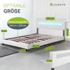 An advertisement for a white bed frame with LED lighting and a slatted base, highlighting its optimal size and dimensions. Náhled obrázku produktu