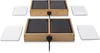 Two tabletop grills with bamboo bases and black cooking surfaces, each with two square cooking plates, are shown. Four white square plates are placed around the grills. Produktbild-Vorschau
