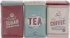 Three rectangular metal tins for coffee, tea, and sugar, displayed side-by-side. Produktbild-Vorschau