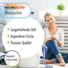A woman is sitting on the floor next to a laundry basket, with washing machines in the background. There is a circular overlay with text and bullet points. Produktbild-Vorschau