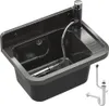 A black composite sink with a chrome faucet and a flexible hose is shown against a white background. A separate image of the plumbing system is in the bottom right corner. Podgląd zdjęcia produktu