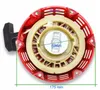 A red and beige starter pull cord assembly for a generator or water pump, with measurement lines and text indicating dimensions. Produktbild-Vorschau