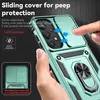 A hand is holding a green phone case with a sliding camera cover and a ring stand. The background is dark and textured. There are text overlays describing the features of the case. Produktbild-Vorschau