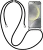 A black lanyard attached to a clear phone case with a phone inside, displayed on a white background. Produktbild-Vorschau