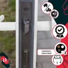Close-up of a door lock mechanism with marketing icons and text overlays. Podgląd zdjęcia produktu