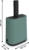 A 3D rendering of a teal and black pet waste shovel with dimensions indicated. Produktbild-Vorschau