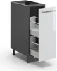 A 3D rendering of a kitchen cabinet pull-out unit with a white high-gloss door and silver handle, set against a white background. Produktbild-Vorschau