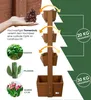 A hand holding a pine cone next to a wooden tiered planter with images of plants and text describing the product. Produktbild-Vorschau