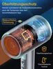 A close-up, cutaway view of a hairdryer's heating element and internal components, with marketing text and icons highlighting safety features. Produktbild-Vorschau