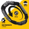 A black chain lock with a combination lock is displayed against a yellow background, with various informational graphics and text. Produktbild-Vorschau
