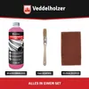 A set of rust converter gel, a paintbrush, and a scouring pad on a white background. Produktbild-Vorschau