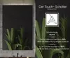 A split image showing a bathroom mirror with LED lighting on the left and marketing text and graphics on the right, with plants as a decorative element. Produktbild-Vorschau
