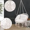 A beige macrame hanging chair with cushions is shown indoors, with close-up insets of the macrame detail. Náhled obrázku produktu