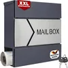 A modern, dark gray mailbox with a silver front panel displaying the word "MAILBOX" and a newspaper compartment at the bottom. It includes two keys and a German brand logo. Voir les images du produit