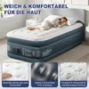A woman sleeping on an inflatable mattress in a bedroom setting, with close-up shots of the mattress features. Produktbild-Vorschau