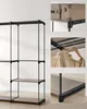 A collage of images showing different angles and details of a SONGMICS open wardrobe/garment rack with shelves. Náhled obrázku produktu