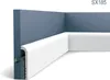 A corner of a room showing a white baseboard molding installed along a blue wall, with electrical wires visible inside the molding. Náhled obrázku produktu