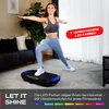 A woman is performing a yoga pose on a vibrating fitness platform in a living room. Produktbild-Vorschau