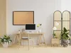 A home office setup with a corkboard, desk, computer, chair, and plants. Produktbild-Vorschau