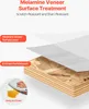 Diagram showing the layers of a melamine veneer surface treatment on particleboard, with a demonstration of its stain resistance. Anteprima dell’immagine prodotto