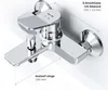 A chrome-plated bathroom faucet mounted on a white wall, with measurement lines and text indicating dimensions. Produktbild-Vorschau