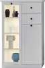 A white display cabinet with glass doors and drawers, showcasing decorative items on its shelves. Produktbild-Vorschau