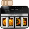 A dual-chamber air fryer with its controls and cooking baskets visible. There are also some disposable air fryer liners in the top left corner.