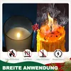 A split image comparing a flameless LED candle with a traditional burning candle, with icons and text highlighting the benefits of the LED candle. Produktbild-Vorschau