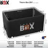 A black insulated box with dimensions and branding displayed. Produktbild-Vorschau