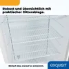 Close-up view of the interior of a white refrigerator with multiple wire shelves. Text overlays are present. Produktbild-Vorschau